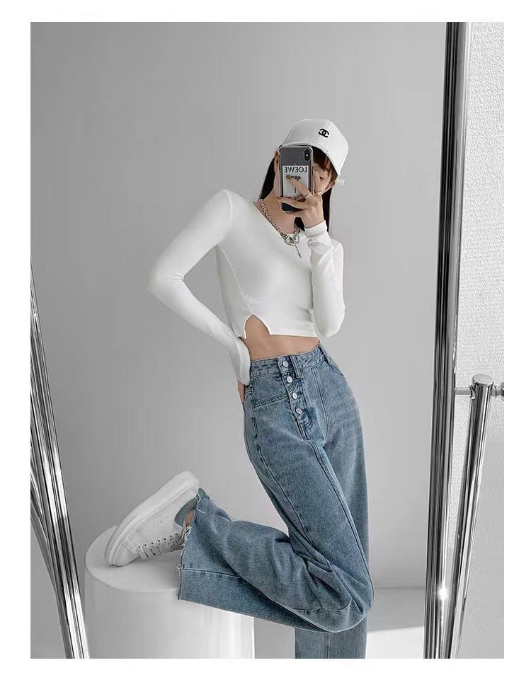 Irregular Breasted High Waist Jeans